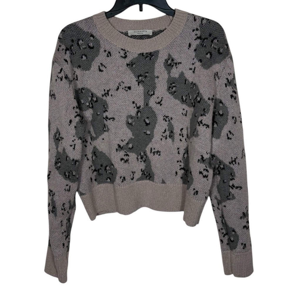 ALLSAINTS Asko Camo Jumper Wool Blend Crewneck Cropped Sweater Size M Pink/Gray